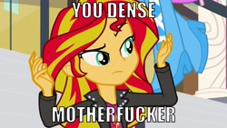 Size: 1024x576 | Tagged: safe, edit, edited screencap, screencap, pinkie pie, sunset shimmer, equestria girls, rainbow rocks, meme, reaction image, vulgar, you dense motherfucker