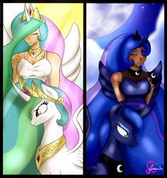 Size: 1546x1650 | Tagged: safe, artist:jasmine-lotus, princess celestia, princess luna, human, horned humanization, human ponidox, humanized, moon, self ponidox, smiling, sun