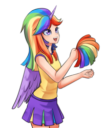 Size: 537x655 | Tagged: safe, artist:racoonsan, derpibooru import, twilight sparkle, twilight sparkle (alicorn), alicorn, human, rainbow falls, cheerleader sparkle, clothes, female, horned humanization, humanized, open mouth, pom pom, rainbow wig, scene interpretation, shirt, simple background, skirt, solo, white background, winged humanization