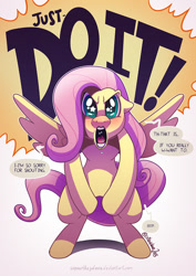 Size: 800x1132 | Tagged: safe, artist:crikeydave, fluttershy, pegasus, pony, bipedal, drool, floppy ears, glare, just do it, looking at you, meme, open mouth, parody, shia labeouf, solo, spittle, spread wings, starry eyes, stars, wingding eyes, yelling