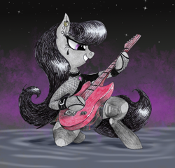 Size: 1200x1154 | Tagged: safe, artist:t72b, derpibooru exclusive, octavia melody, earth pony, pony, abstract background, bipedal, choker, clothes, ear piercing, electric guitar, female, fishnet stockings, goth, grin, guitar, hoof hold, jewelry, kneeling, mare, piercing, plaid skirt, rocktavia, skirt, smiling, solo, stockings, thigh highs, traditional art