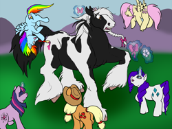 Size: 900x675 | Tagged: safe, artist:sarcy, derpibooru import, applejack, fluttershy, pinkie pie, rainbow dash, rarity, twilight sparkle, oc, oc:hugin, earth pony, horse, pegasus, pony, unicorn, applejack's hat, bow, braid, cowboy hat, eyes closed, female, flower, gypsy vanner, hat, magic, male, mane six, mare, ponified, scared, stallion, tongue out, unshorn fetlocks