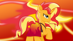 Size: 3840x2160 | Tagged: safe, artist:ejlightning007arts, artist:zacatron94, sunset shimmer, pony, unicorn, clothes, equestria girls outfit, female, high res, mare, raised hoof, smiling, solo, swimsuit