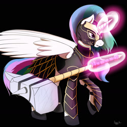 Size: 2400x2400 | Tagged: safe, artist:ruirik, princess celestia, alicorn, pony, armor, fight, hammer, levitation, magic, simple background, solo, spread wings, telekinesis, warrior celestia, wings