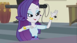 Size: 1100x618 | Tagged: safe, screencap, rarity, equestria girls, player piano, rainbow rocks, bracelet, drums, jewelry, keyboard, lidded eyes, solo, xylophone