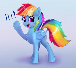 Size: 2077x1846 | Tagged: safe, artist:xbi, derpibooru import, rainbow dash, pegasus, pony, chest fluff, cute, dashabetes, dialogue, female, gradient background, hi, looking at you, mare, raised hoof, raised leg, solo, talking to viewer