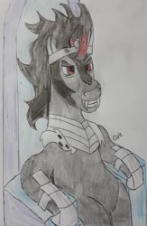 Size: 1121x1720 | Tagged: safe, artist:rapidsnap, derpibooru import, king sombra, pony, evil grin, grin, smiling, solo, throne, traditional art