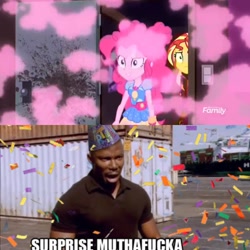 Size: 710x710 | Tagged: safe, edit, edited screencap, screencap, pinkie pie, sunset shimmer, better together, equestria girls, sunset's backstage pass!, breaking and entering, confetti, dexter, explosion, female, funny, hat, james doakes, light switch, male, meme, memeception, party hat, pink smoke, smoke, surprise motherfucker, vulgar