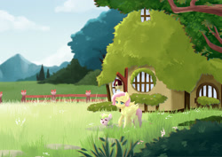 Size: 3100x2200 | Tagged: safe, artist:kianamai, fluttershy, oc, oc:anthea, pegasus, pony, unicorn, adopted offspring, adoption, blind, cute, daaaaaaaaaaaw, eyes closed, female, filly, flower, fluttershy's cottage, grass, happy, kilala97 is trying to murder us, kilalaverse, lidded eyes, mare, mother and child, mother and daughter, nature, next generation, open mouth, parent and child, parent:fluttershy, parent:oc:azalea, parent:oc:berry vine, parents:oc x oc, raised hoof, smiling