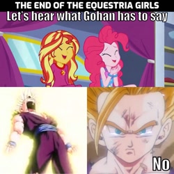 Size: 710x710 | Tagged: safe, edit, edited screencap, screencap, pinkie pie, sunset shimmer, better together, equestria girls, sunset's backstage pass!, angry, crying, female, gohan, laughing, male, meme, memeception, super saiyan 2, the end of equestria girls, transformation