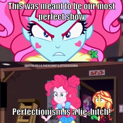 Size: 710x710 | Tagged: safe, edit, edited screencap, screencap, kiwi lollipop, pinkie pie, sunset shimmer, better together, equestria girls, sunset's backstage pass!, angry, breaking and entering, close-up, female, funny, irony, k-lo, light switch, looking at you, meme, vulgar