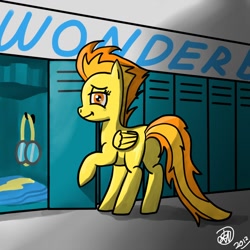 Size: 1000x1000 | Tagged: safe, artist:thejayowl, derpibooru import, spitfire, pegasus, pony, locker room, plot, solo