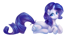 Size: 4500x2500 | Tagged: safe, artist:chocoladecatt, rarity, pony, unicorn, absurd resolution, colored pupils, cute, ear fluff, female, mare, ponyloaf, pouting, prone, raribetes, simple background, solo, white background