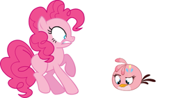 Size: 899x507 | Tagged: safe, pinkie pie, stella, earth pony, pony, angry birds, body swap, scared