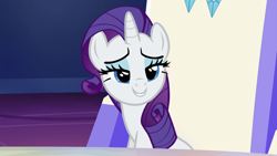 Size: 1920x1080 | Tagged: safe, screencap, rarity, pony, unicorn, to where and back again, female, lidded eyes, mare, smiling, solo, twilight's castle