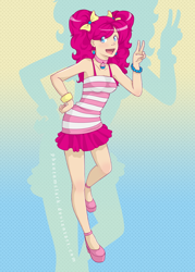 Size: 1500x2100 | Tagged: safe, artist:pettankoprincess, pinkie pie, human, bracelet, clothes, dress, earring, hair bow, humanized, looking at you, open mouth, peace sign, piercing, platform shoes, skirt, smiling, solo, tanktop, wristband