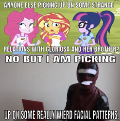 Size: 640x647 | Tagged: safe, edit, edited screencap, editor:undeadponysoldier, screencap, pinkie pie, sci-twi, sunset shimmer, twilight sparkle, human, equestria girls, legend of everfree, animatedjames, bronies react, caption, clothes, cosplay, costume, deadpool, faic, glasses, image macro, implied gloriosa daisy, implied timber spruce, irl, irl human, meme, photo, ponytail, text