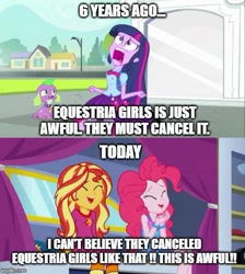 Size: 500x559 | Tagged: safe, screencap, pinkie pie, spike, sunset shimmer, twilight sparkle, twilight sparkle (alicorn), alicorn, dog, better together, equestria girls, equestria girls (movie), sunset's backstage pass!, caption, comparison, equestria girls drama, exploitable meme, horrified, meme, screaming, spike the dog, text, the end of equestria girls, twiscream, wondercolt statue