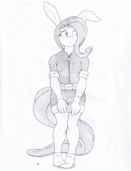 Size: 985x1292 | Tagged: safe, artist:joey darkmeat, fluttershy, anthro, pegasus, bunny ears, clothes, dangerous mission outfit, female, monochrome, socks, solo, traditional art