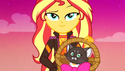 Size: 1904x1080 | Tagged: safe, screencap, sunset shimmer, cat, better together, equestria girls, sunset's backstage pass!, basket, clothes, cute, female, hattie, jacket, kitten, looking at you, outdoors, shimmerbetes, smiling