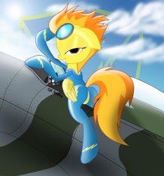 Size: 1333x1425 | Tagged: safe, artist:spitshy, derpibooru import, spitfire, aircraft, bedroom eyes, latex, latex suit, plane, plot, stupid sexy spitfire, wonderbolts uniform