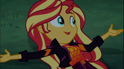 Size: 1928x1078 | Tagged: safe, screencap, sunset shimmer, better together, equestria girls, sunset's backstage pass!, arms wide open, clothes, female, geode of empathy, jacket, loss (meme), magical geodes, night, outdoors, relaxing, smiling, solo