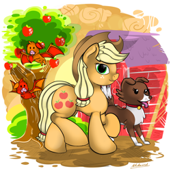 Size: 5000x5000 | Tagged: safe, artist:malamol, applejack, winona, earth pony, fruit bat, pony, absurd resolution, apple, tree