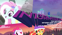 Size: 1152x648 | Tagged: safe, edit, edited screencap, screencap, kerfuffle, pinkie pie, princess celestia, princess luna, sunset shimmer, better together, between dark and dawn, equestria girls, rainbow roadtrip, sunset's backstage pass!, 3d words, mlp s9 countdown, photoshop