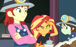 Size: 1164x720 | Tagged: safe, screencap, nolan north, sophisticata, sunset shimmer, all the world's off stage, better together, equestria girls, background human, clothes, crossed arms, cyoa, female, helmet, male