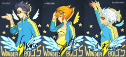 Size: 1280x590 | Tagged: safe, artist:ssenarrya, derpibooru import, fleetfoot, soarin', spitfire, autograph, goggles, humanized, poster, wonderbolts