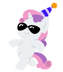 Size: 1138x1280 | Tagged: safe, artist:megasweet, sweetie belle, pony, unicorn, ask smarty belle, hat, party hat, simple background, smarty belle, solo, sunglasses, transparent background