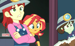 Size: 1165x720 | Tagged: safe, screencap, nolan north, sophisticata, sunset shimmer, all the world's off stage, better together, equestria girls, background human, clothes, crossed arms, cyoa, female, helmet, male
