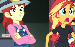 Size: 1158x720 | Tagged: safe, screencap, nolan north, sunset shimmer, all the world's off stage, better together, equestria girls, background human, clothes, cyoa, female, helmet, male