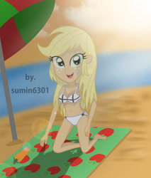 Size: 2000x2342 | Tagged: safe, artist:sumin6301, applejack, equestria girls, beach, belly button, bikini, clothes, loose hair, solo, swimsuit