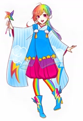 Size: 1242x1802 | Tagged: safe, artist:chizuru_mickey, derpibooru import, rainbow dash, human, anime, anime style, boots, clothes, ear piercing, earring, hand, humanized, jewelry, kimono (clothing), needs more saturation, piercing, pinwheel (toy), shoes, smiling