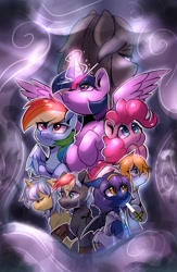 Size: 1334x2048 | Tagged: safe, artist:colorfulcolor233, derpibooru import, pinkie pie, rainbow dash, twilight sparkle, twilight sparkle (alicorn), oc, alicorn, bat pony, earth pony, pony, unicorn, bat pony oc, crying, fog, glowing horn, group, horn, looking back, nurse, weapon, worried