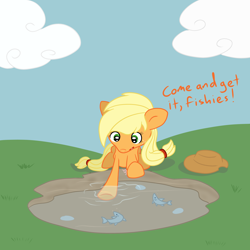 Size: 3000x3000 | Tagged: safe, artist:bigmackintosh, applejack, earth pony, fish, pony, cute, feeding, pond, request, sweet apple acres