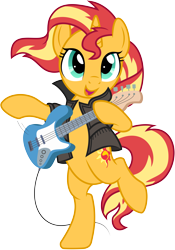 Size: 6007x8603 | Tagged: safe, artist:pirill, idw, sunset shimmer, pony, unicorn, spoiler:comic, spoiler:comic79, absurd resolution, bass guitar, bipedal, clothes, cute, female, guitar, idw showified, jacket, musical instrument, raised leg, shimmerbetes, show accurate, simple background, smiling, solo, sunset shredder, transparent background, vector