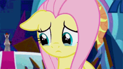 Size: 540x304 | Tagged: safe, derpibooru import, screencap, discord, fluttershy, king sombra, twilight sparkle, pegasus, pony, unicorn, the beginning of the end, animated, comforting, cute, floppy ears, gif, hand on cheek, shipping fuel, shyabetes, squishy cheeks, teary eyes