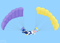 Size: 2900x2062 | Tagged: safe, artist:phallen1, princess celestia, princess luna, human, air ponyville, alternate hairstyle, clothes, cutie mark clothes, formation, hair bun, humanized, jumpsuit, leg hold, parachute, parachuting, ponytail, skydiving