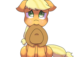 Size: 1024x768 | Tagged: safe, artist:kaoticvulpes, applejack, earth pony, pony, cute, floppy ears, jackabetes, looking at you, mouth hold, simple background, sitting, smiling, solo