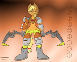 Size: 5000x4000 | Tagged: safe, artist:scobionicle99, applejack, anthro, absurd resolution, armor, belly button, bionicle, crossover, lego, midriff, pohatu, solo, unconvincing armor, weapon