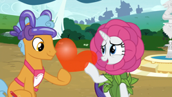 Size: 1920x1080 | Tagged: safe, screencap, rarity, twisty pop, earth pony, pony, unicorn, forever filly, balloon, female, flower costume, flowerity, heart balloon, male, mare, shipping fuel, stallion