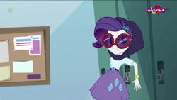 Size: 1600x900 | Tagged: safe, screencap, rarity, dance magic, equestria girls, spoiler:eqg specials, crystal prep academy, female, lockers, sneaking, solo, sunglasses, television