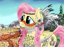 Size: 3507x2550 | Tagged: safe, artist:pwnyville, fluttershy, pegasus, pony, feather, fluttersquaw, native american, piercing, solo, tattoo, tribal