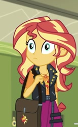 Size: 511x827 | Tagged: safe, screencap, sunset shimmer, better together, choose your own ending, equestria girls, sock it to me, geode of empathy, magical geodes, solo, thousand yard stare