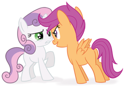 Size: 838x579 | Tagged: safe, artist:sorcerushorserus, scootaloo, sweetie belle, pegasus, pony, unicorn, duo, duo female, female, filly, simple background, staring contest, white background