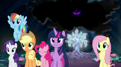 Size: 2000x1119 | Tagged: safe, derpibooru import, screencap, applejack, fluttershy, king sombra, pinkie pie, rainbow dash, rarity, twilight sparkle, twilight sparkle (alicorn), alicorn, earth pony, pegasus, pony, unicorn, the beginning of the end, cave, female, glowing eyes, impending doom, mane six, mare, smiling, smoke, tree of harmony