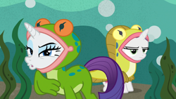 Size: 1920x1080 | Tagged: safe, screencap, rarity, sweetie belle, pony, unicorn, forever filly, frog costume, ribbity, sweetie belle is not amused, tadpole belle