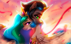 Size: 1027x640 | Tagged: safe, artist:dolorosacake, derpibooru import, idw, king sombra, princess celestia, alicorn, pony, unicorn, spoiler:comic, celestibra, commissions open, cuddling, dawn, female, good king sombra, love, male, mare, petals, shipping, stallion, straight, sunset